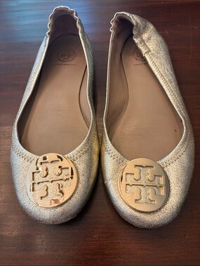 Tory Burch Metallic Gold Logo Ballet Flats